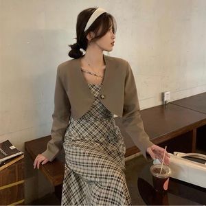 French retro temperament plaid suspender dress small suit two-piece suit